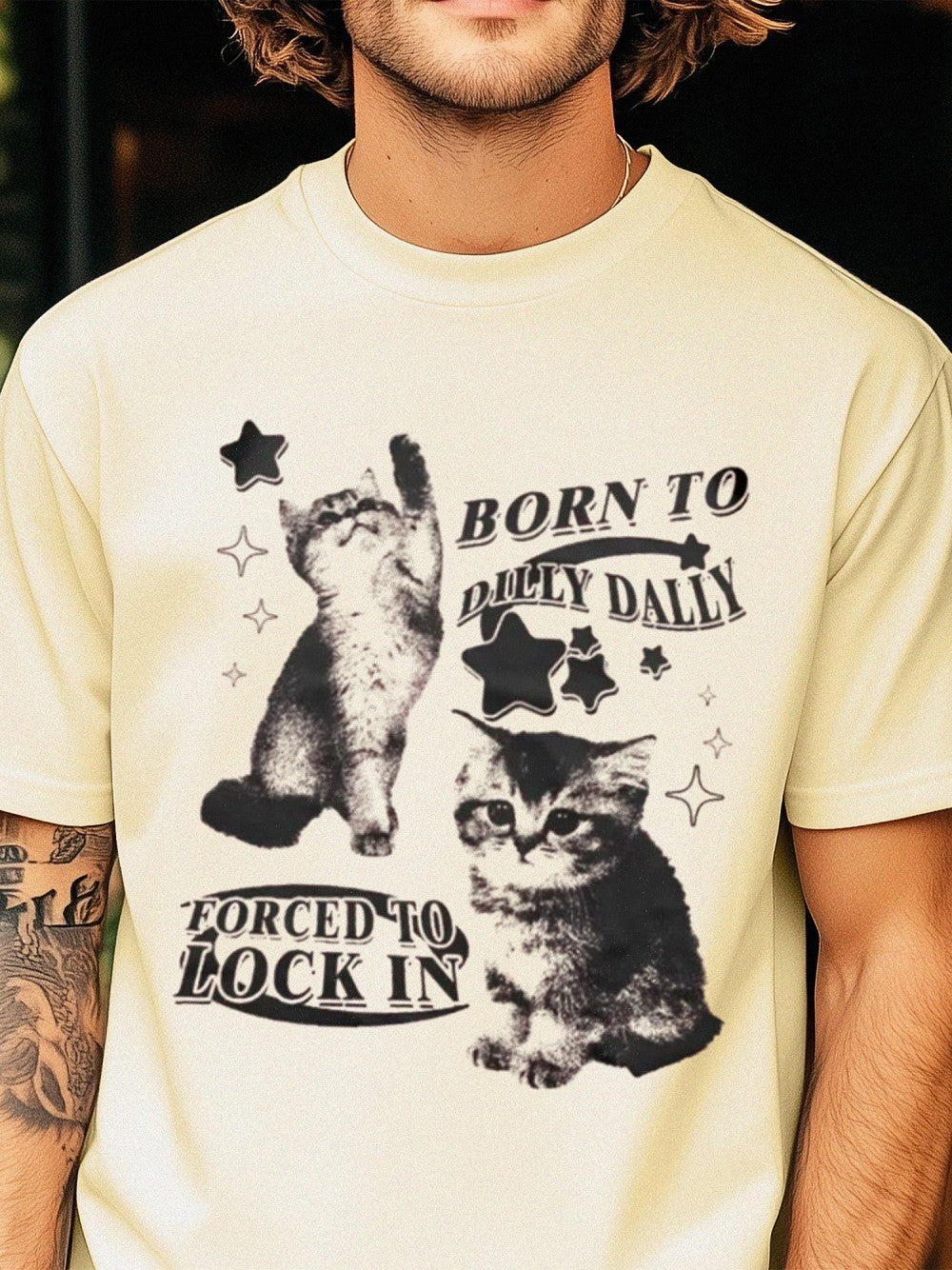 Born To Dilly Dally Forced To Lock In Funny Cat Meme Graphic Tee
