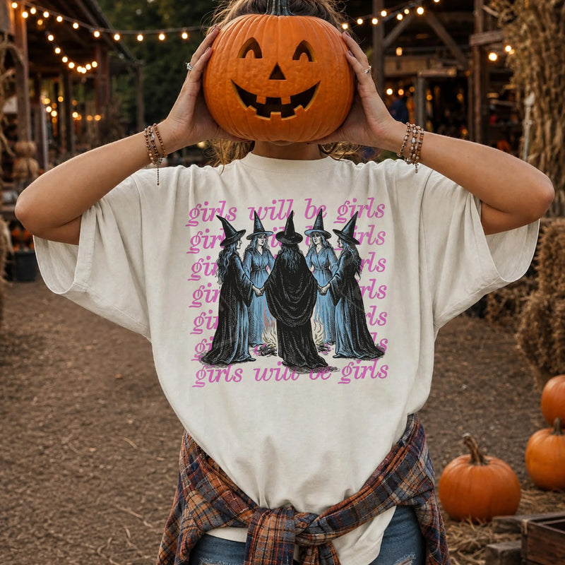 Girls Will Be Girls Witchy Graphic Tee Feminist Halloween Shirt for Women