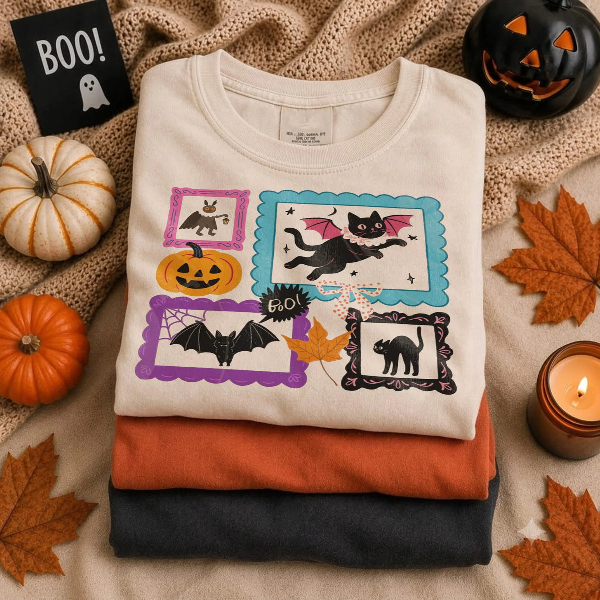 BOO! Spooky Season Halloween T-Shirt Vintage Black Cat and Bat Graphic Tee