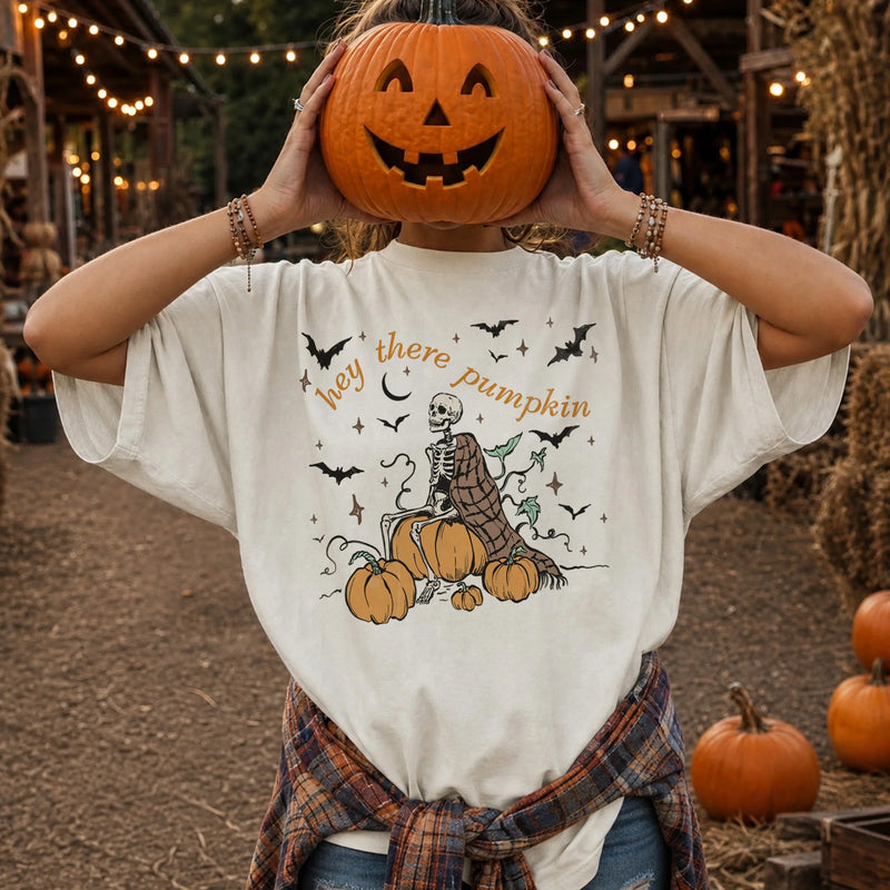 Hey There Pumpkin T-Shirt Cute Fall Skeleton Halloween Tee