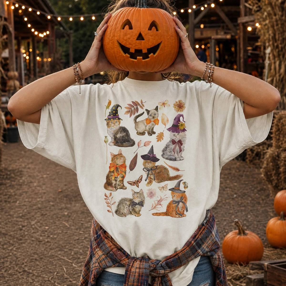 Fall Cats Spooky Graphic T-Shirt Autumn Kitty Tee Gift for Cat Lovers