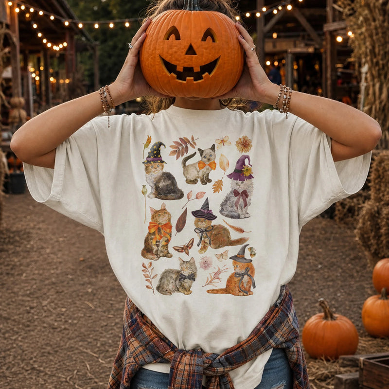 Fall Cats Spooky Graphic T-Shirt Autumn Kitty Tee Gift for Cat Lovers