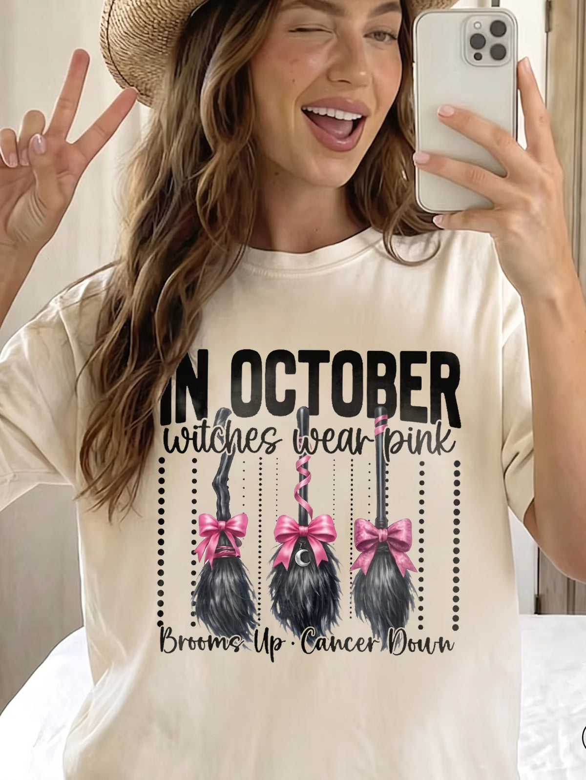 In October We Wear Pink Breast Cancer Awareness Tee Brooms Up Cancer Down Witch Shirt