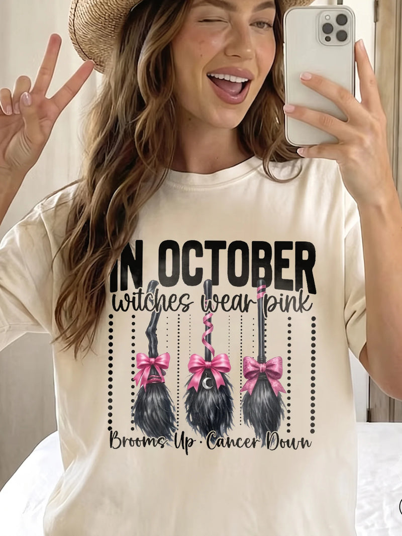 In October We Wear Pink Breast Cancer Awareness Tee Brooms Up Cancer Down Witch Shirt