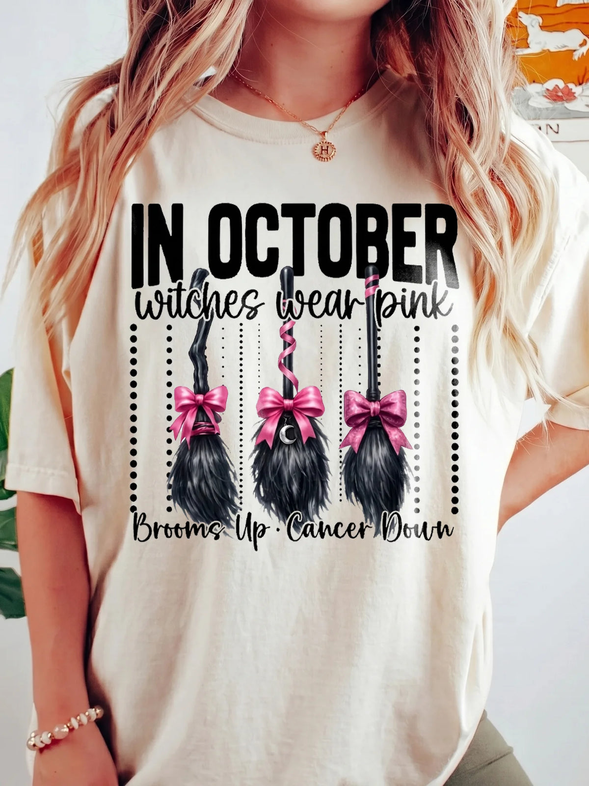 In October We Wear Pink Breast Cancer Awareness Tee Brooms Up Cancer Down Witch Shirt