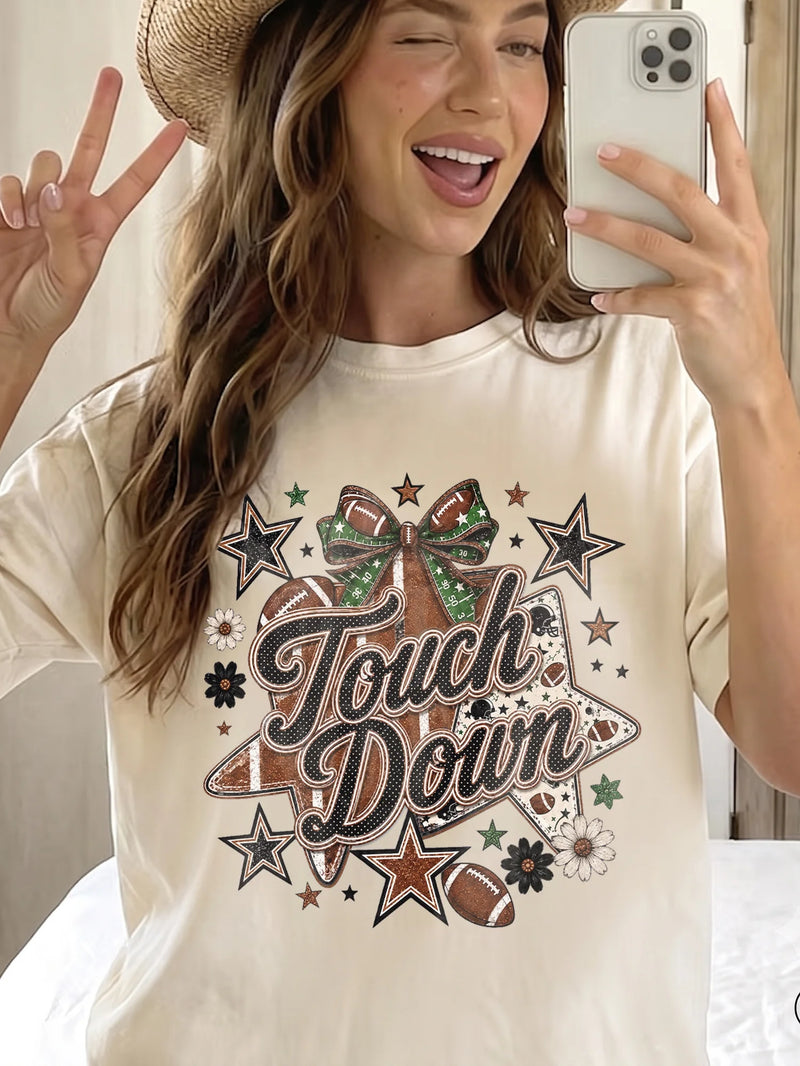 Touchdown Tee Retro Football Game Day T-Shirt Coquette Bow Tailgate Top