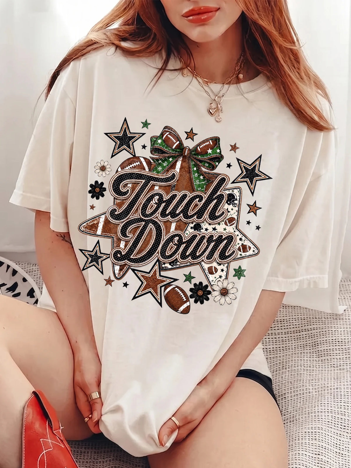 Touchdown Tee Retro Football Game Day T-Shirt Coquette Bow Tailgate Top