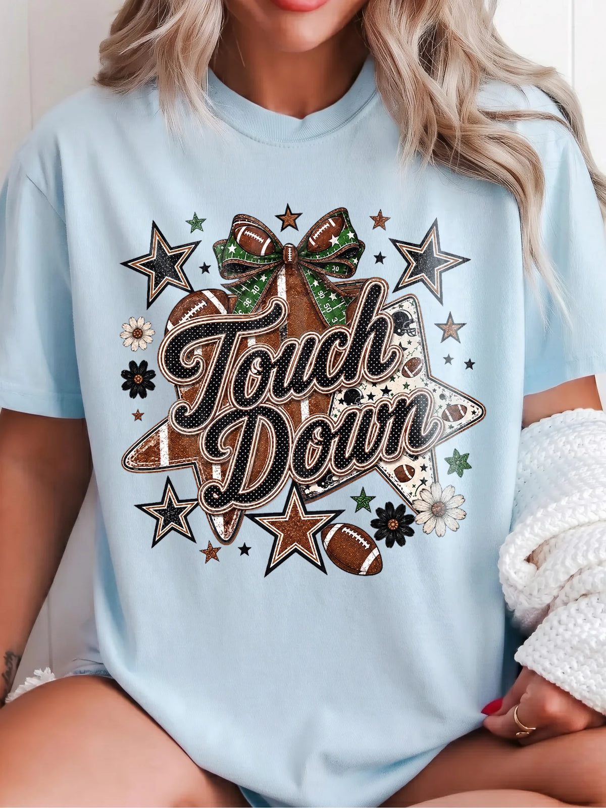 Touchdown Tee Retro Football Game Day T-Shirt Coquette Bow Tailgate Top