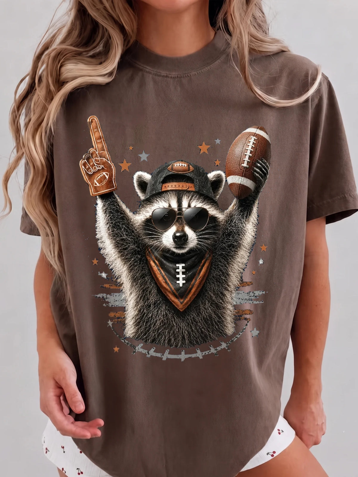Football Raccoon Oversized Tee Funny Game Day Graphic T-Shirt