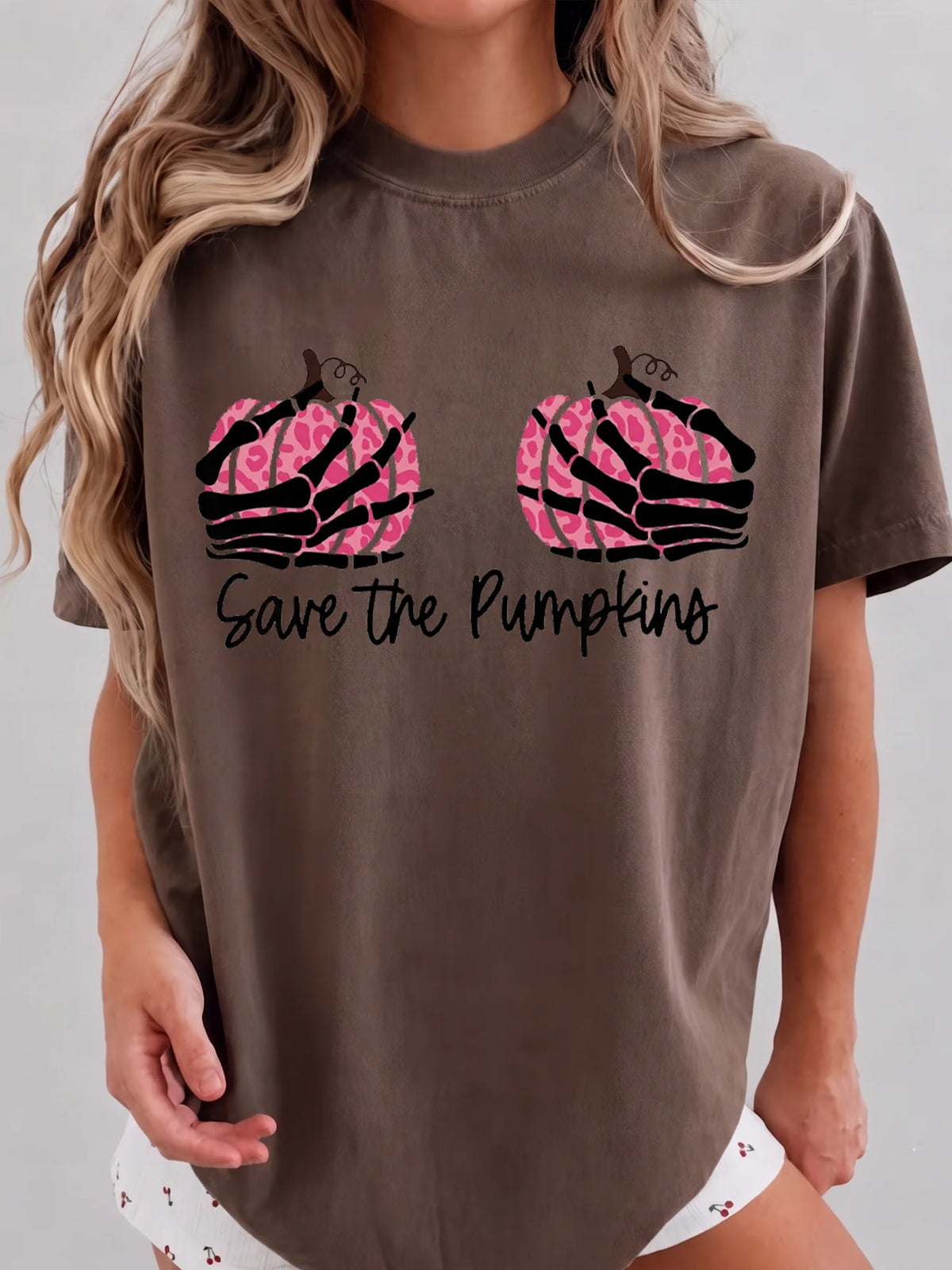 Save The Pumpkins Tee Pink Leopard Skeleton Hands Halloween Shirt