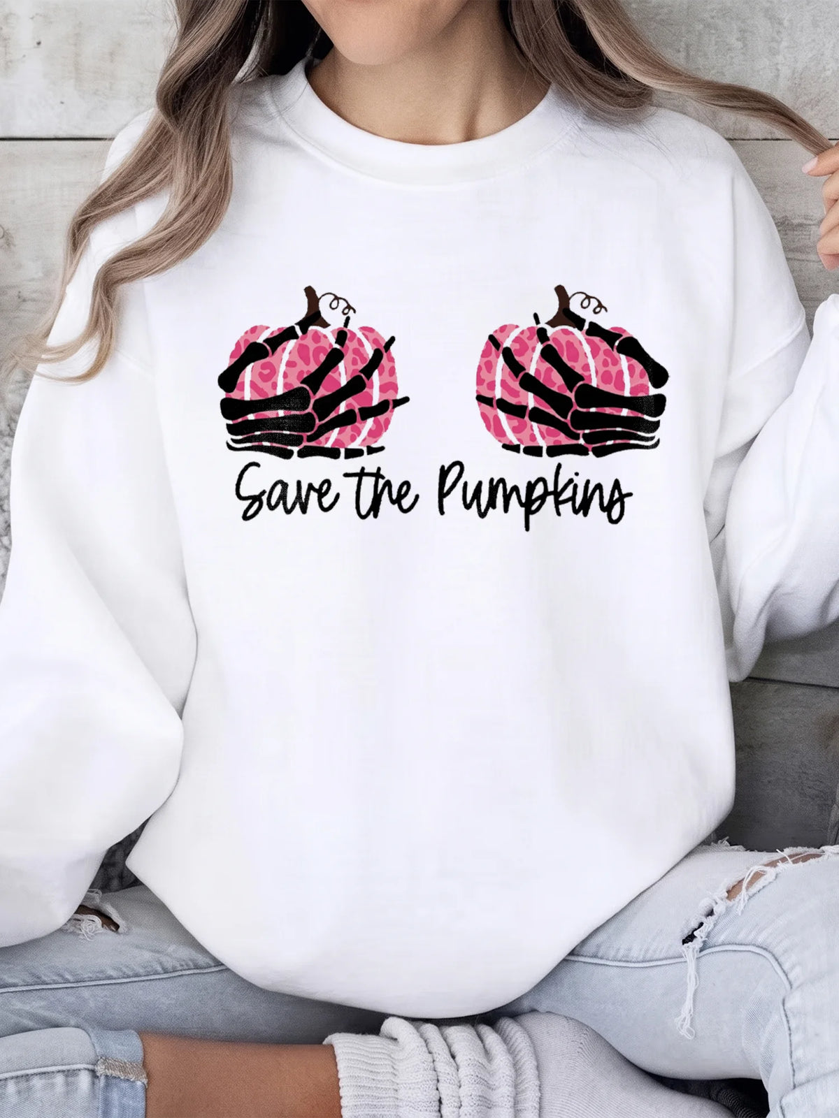 Save The Pumpkins Tee Pink Leopard Skeleton Hands Halloween Shirt