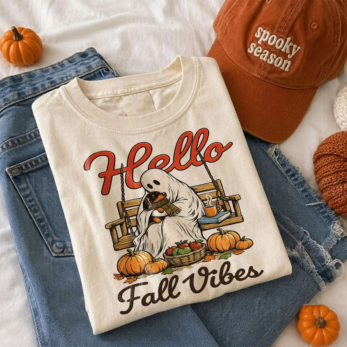 Hello Fall Vibes Retro Ghost T-Shirt Cozy Autumn Pumpkin Season Top