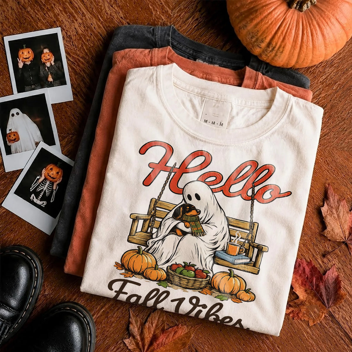 Hello Fall Vibes Retro Ghost T-Shirt Cozy Autumn Pumpkin Season Top