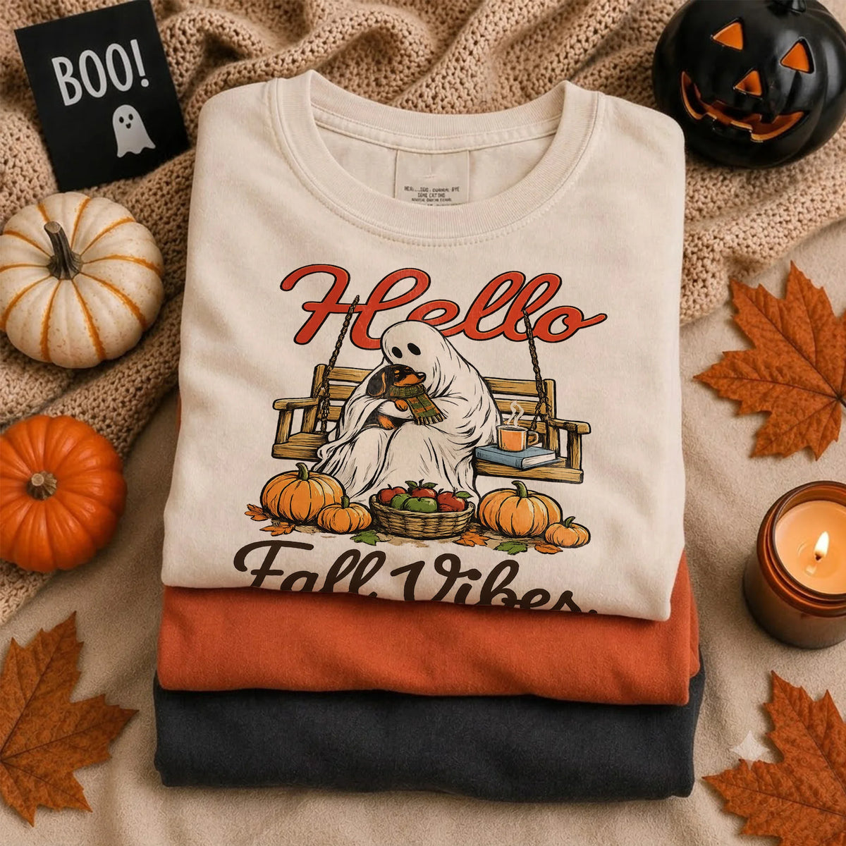 Hello Fall Vibes Retro Ghost T-Shirt Cozy Autumn Pumpkin Season Top
