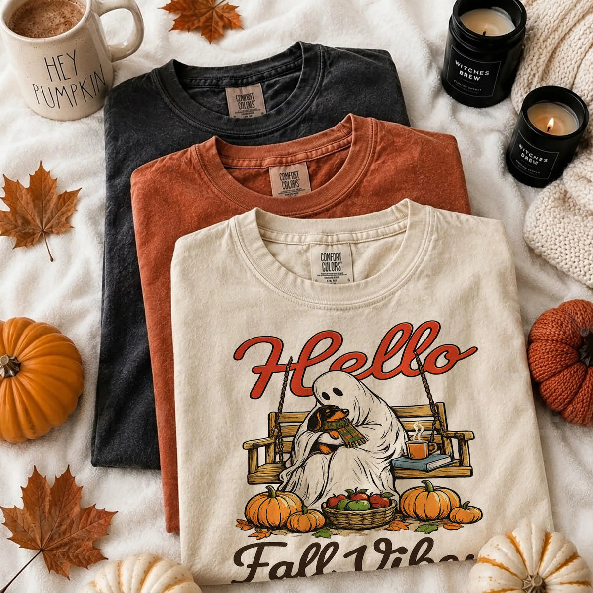 Hello Fall Vibes Retro Ghost T-Shirt Cozy Autumn Pumpkin Season Top