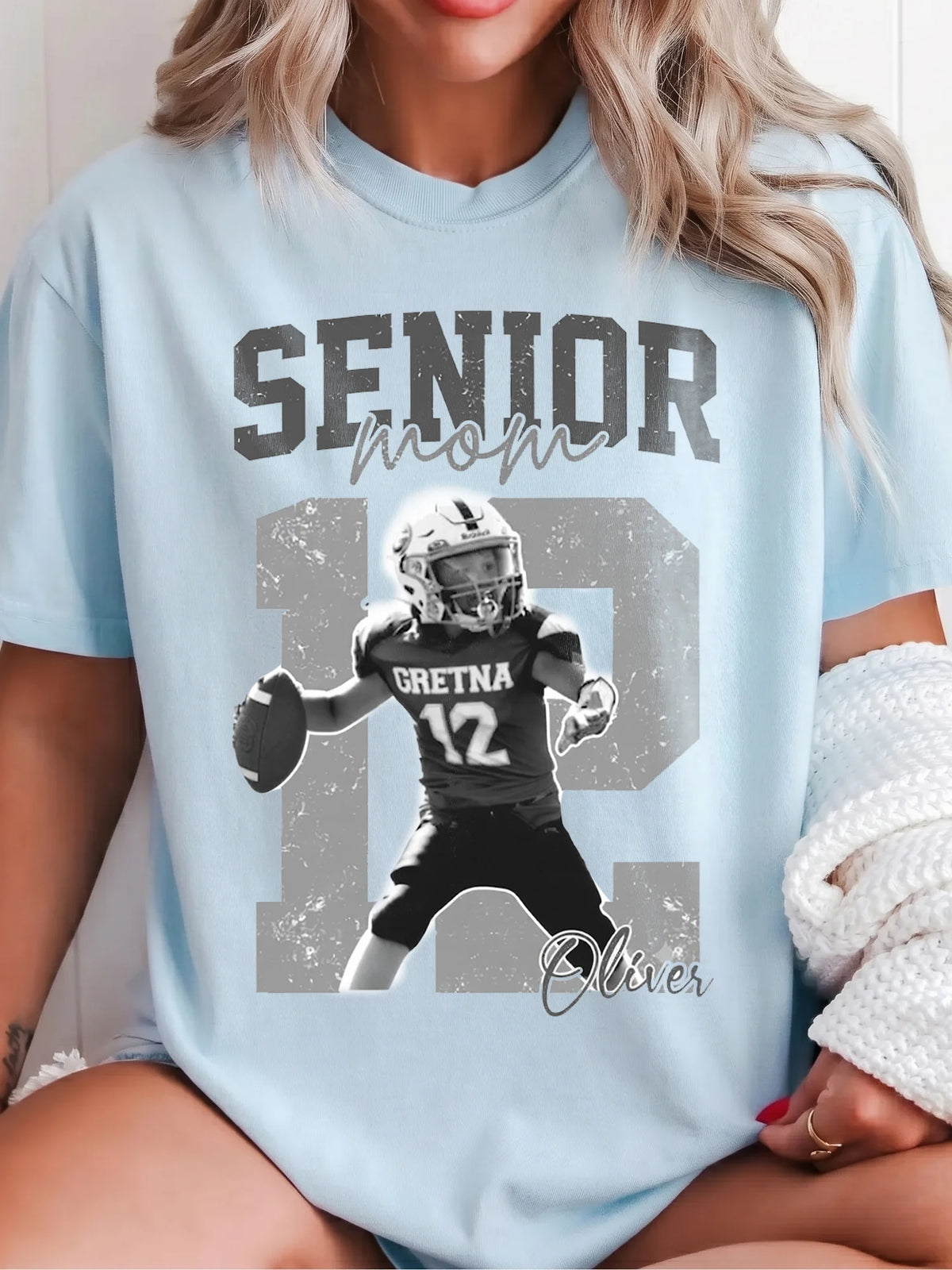 Senior Mom Personalized Football Tee Custom Name and Number Sports Shirt Gift