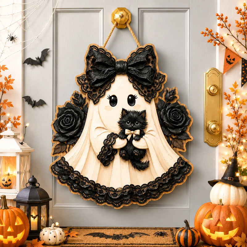 Ghost Door Hanger with Black Cat and Black Roses Witchy Halloween Decor