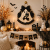 Ghost Door Hanger with Black Cat and Black Roses Witchy Halloween Decor