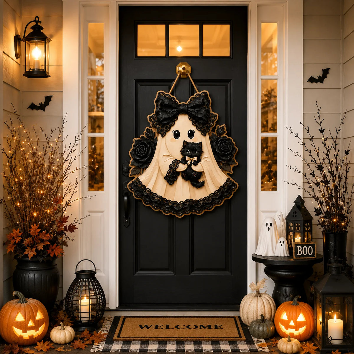 Ghost Door Hanger with Black Cat and Black Roses Witchy Halloween Decor