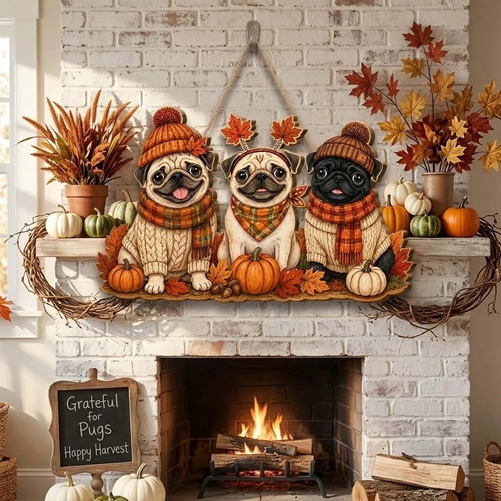 Grateful for Pugs Happy Harvest Hanging Wall Sign Fall Decor Gift for Dog Lovers