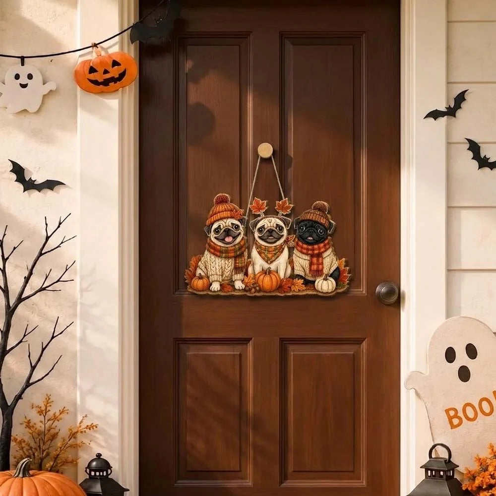 Grateful for Pugs Happy Harvest Hanging Wall Sign Fall Decor Gift for Dog Lovers