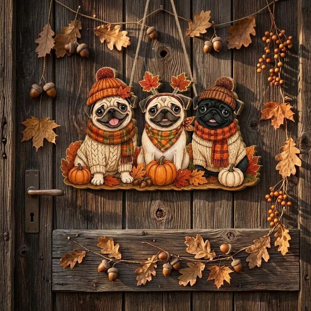 Grateful for Pugs Happy Harvest Hanging Wall Sign Fall Decor Gift for Dog Lovers