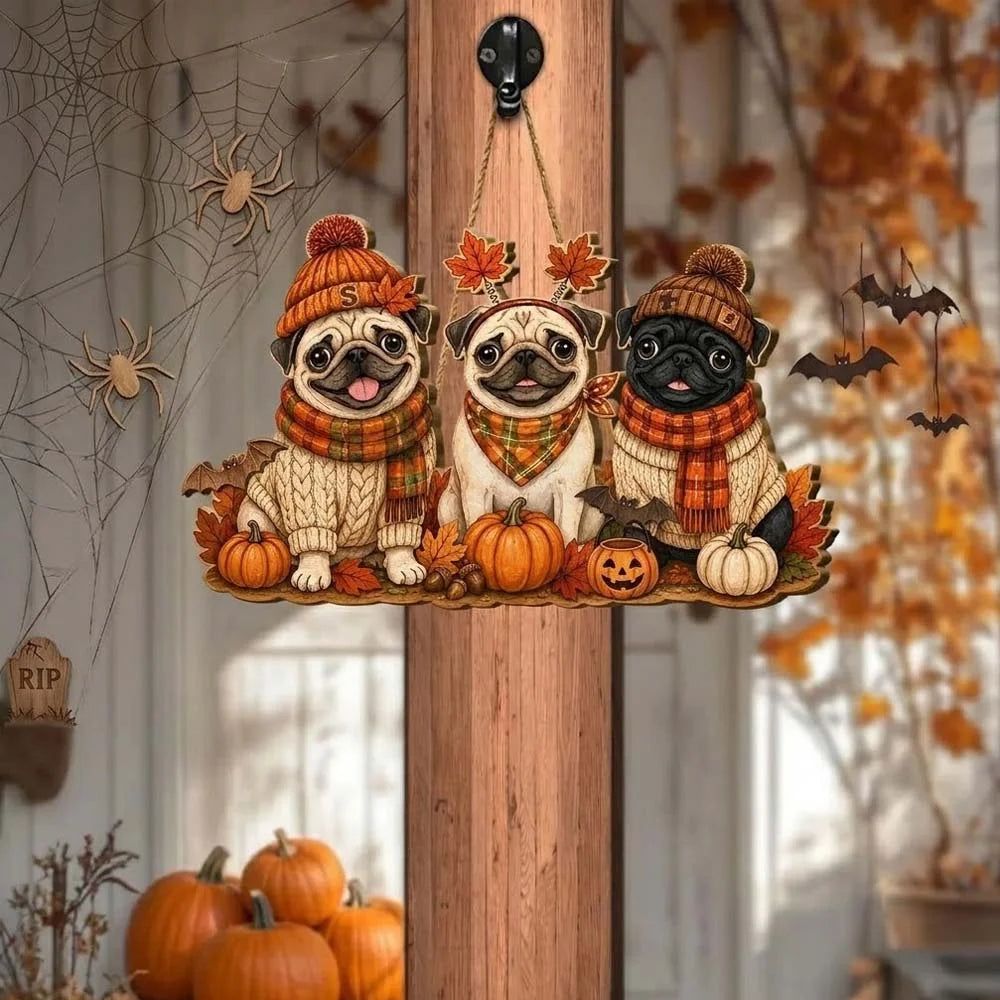 Grateful for Pugs Happy Harvest Hanging Wall Sign Fall Decor Gift for Dog Lovers