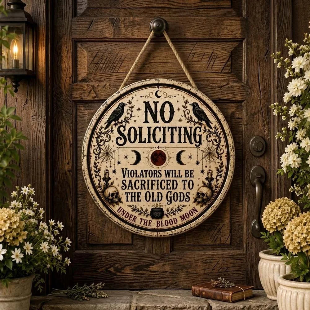 No Soliciting Violators Will Be Sacrificed To The Old Gods Hanging Wooden Door Sign For Gothic Decor