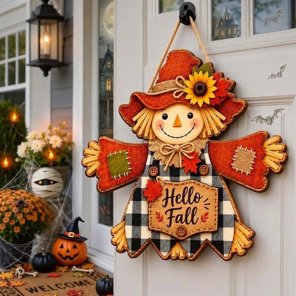Hello Fall Door Hanger Rustic Farmhouse Scarecrow Autumn Porch Sign