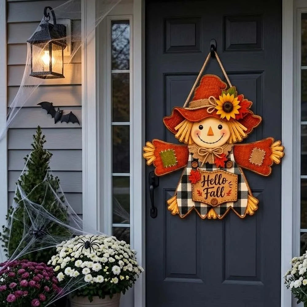 Hello Fall Door Hanger Rustic Farmhouse Scarecrow Autumn Porch Sign