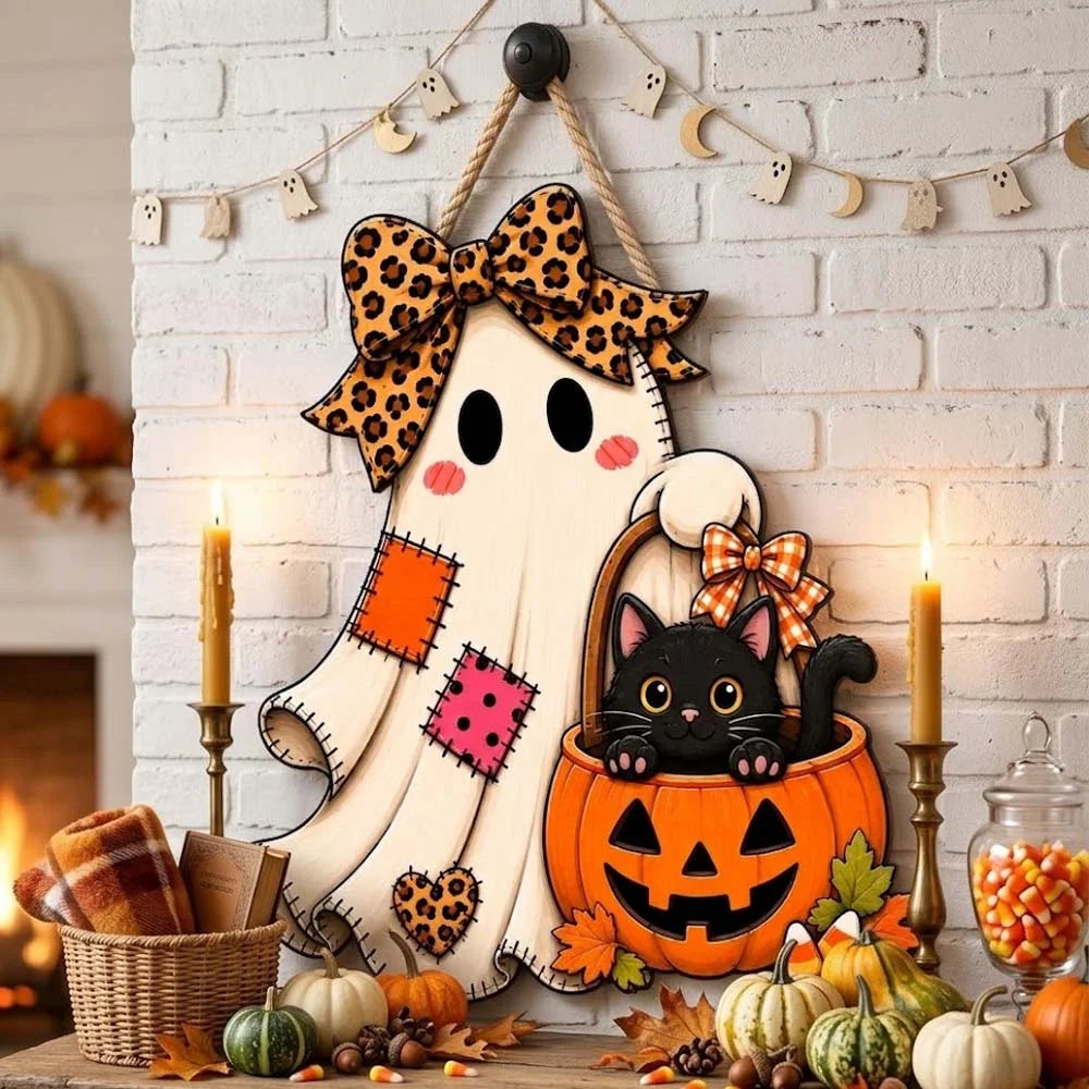 Black Cat and Ghost Pumpkin Halloween Wall Hanging Decor Cute Spooky Leopard Bow Door Sign