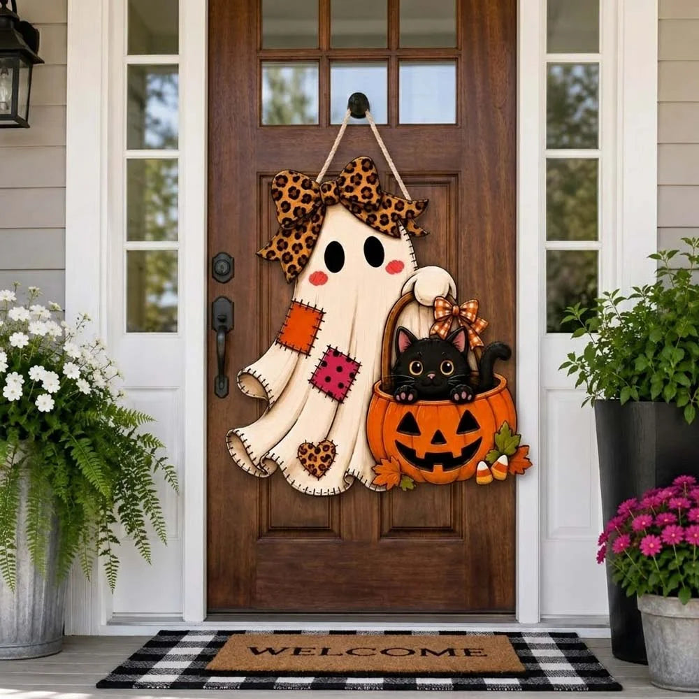 Black Cat and Ghost Pumpkin Halloween Wall Hanging Decor Cute Spooky Leopard Bow Door Sign