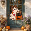 Black Cat and Ghost Pumpkin Halloween Wall Hanging Decor Cute Spooky Leopard Bow Door Sign