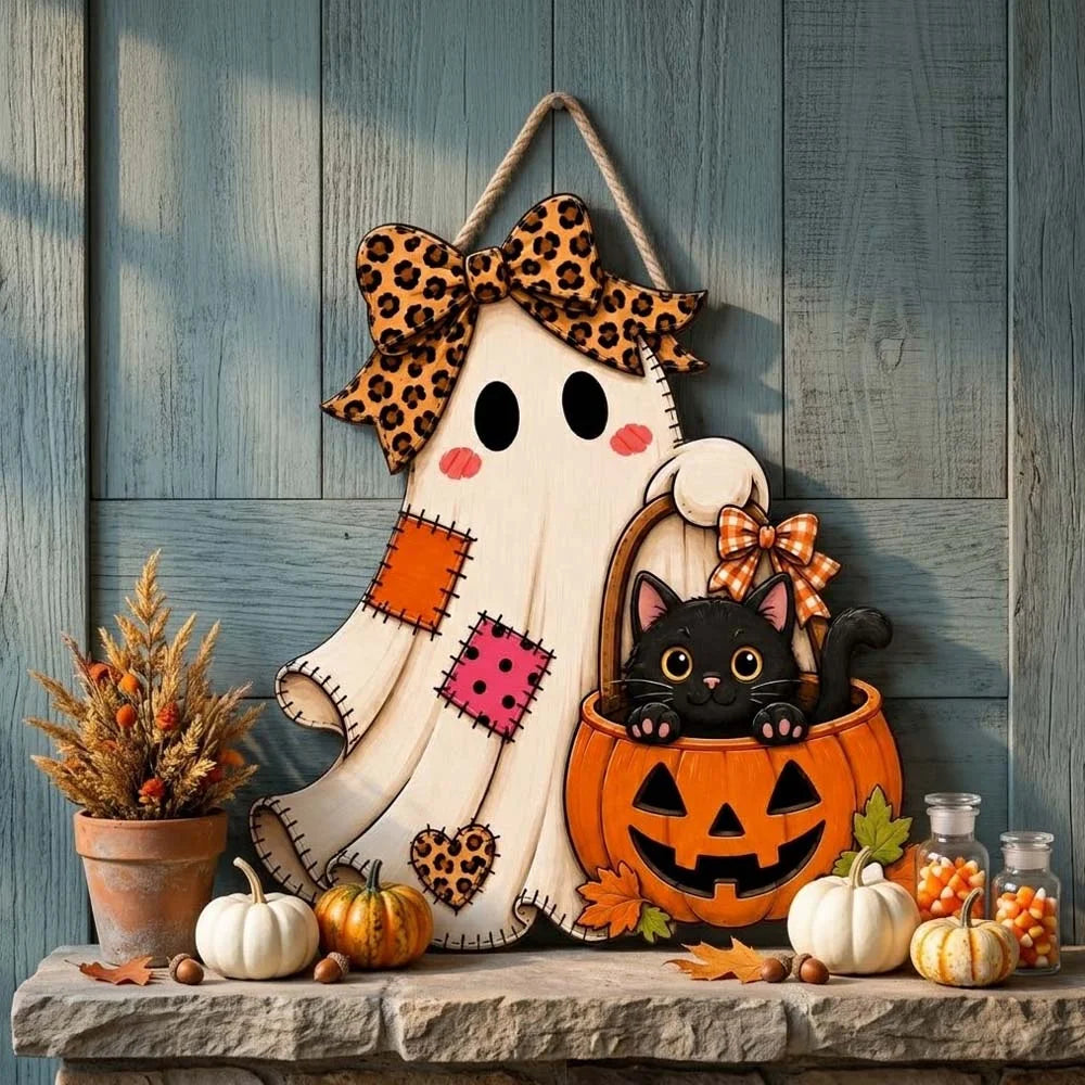 Black Cat and Ghost Pumpkin Halloween Wall Hanging Decor Cute Spooky Leopard Bow Door Sign