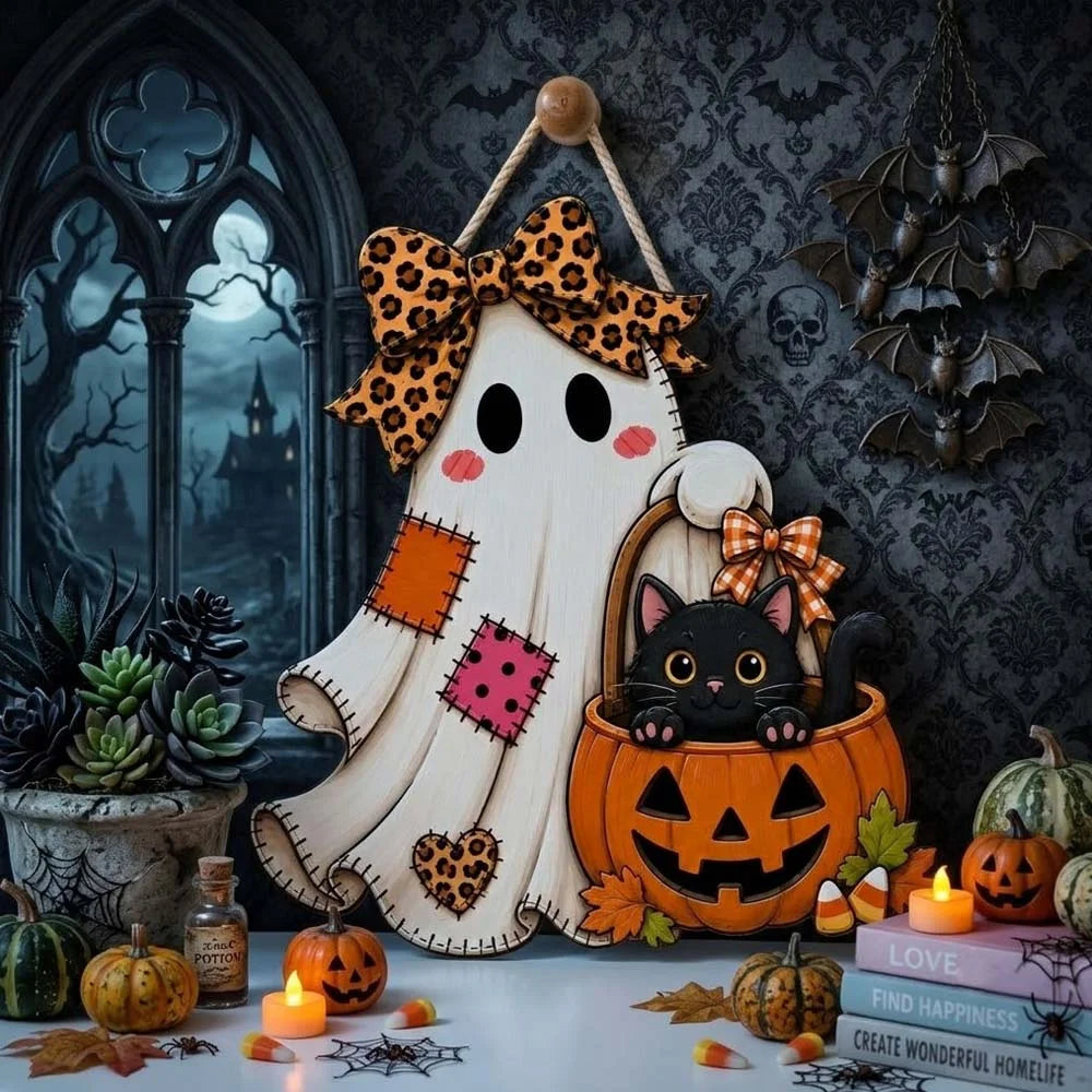 Black Cat and Ghost Pumpkin Halloween Wall Hanging Decor Cute Spooky Leopard Bow Door Sign