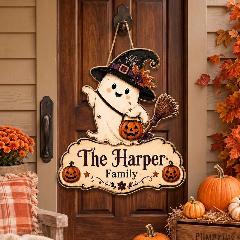 Personalized Halloween Ghost Family Name Hanging Door Sign Custom Fall Porch Decor