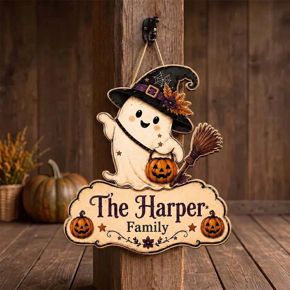 Personalized Halloween Ghost Family Name Hanging Door Sign Custom Fall Porch Decor
