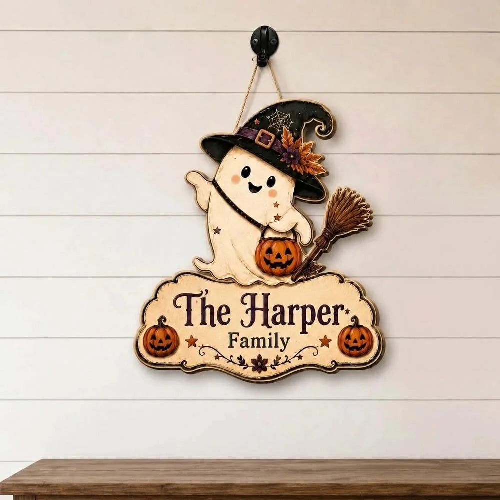Personalized Halloween Ghost Family Name Hanging Door Sign Custom Fall Porch Decor
