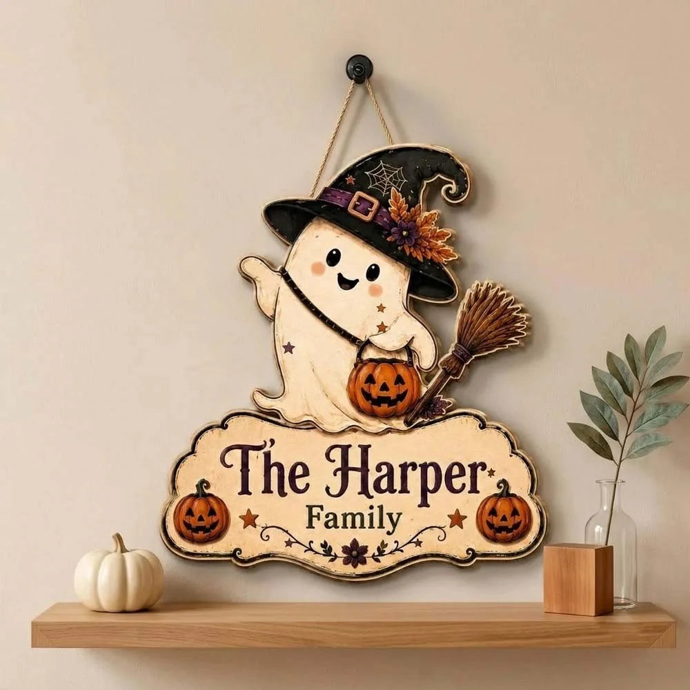 Personalized Halloween Ghost Family Name Hanging Door Sign Custom Fall Porch Decor