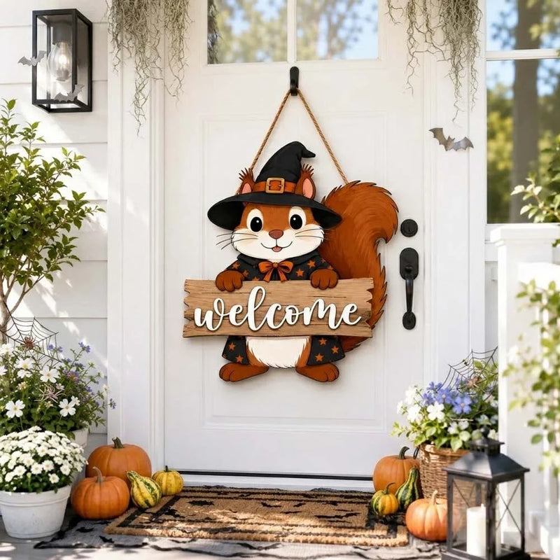 Halloween Witch Squirrel Welcome Door Hanger Sign for Fall Porch Decor