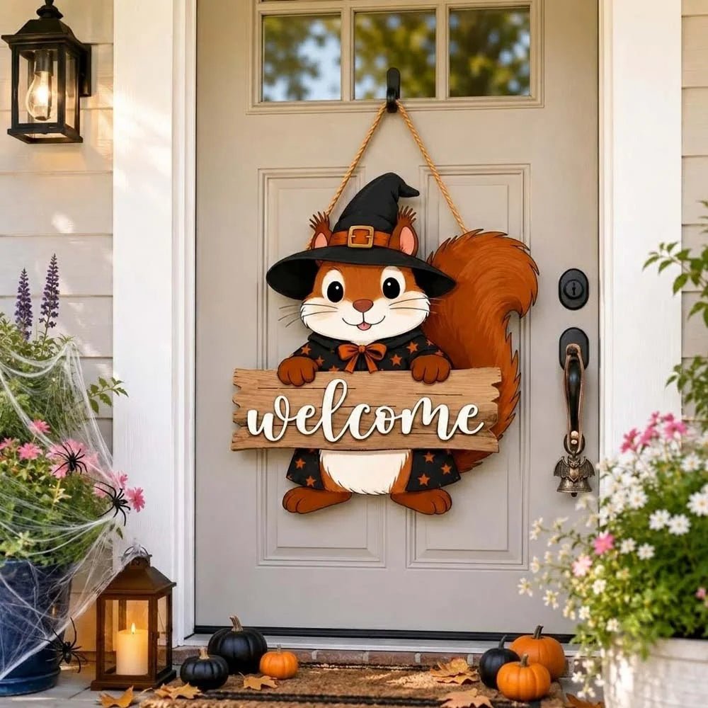 Halloween Witch Squirrel Welcome Door Hanger Sign for Fall Porch Decor