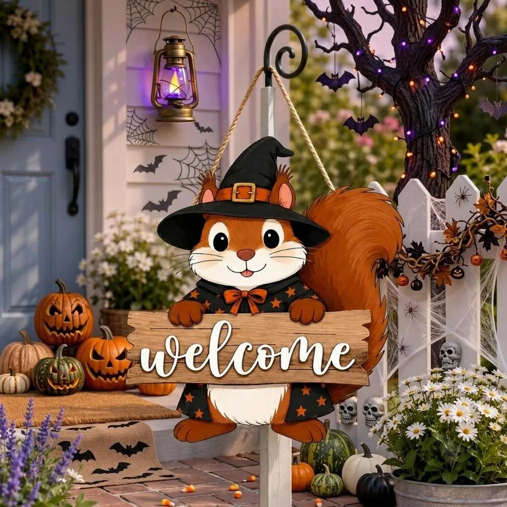 Halloween Witch Squirrel Welcome Door Hanger Sign for Fall Porch Decor