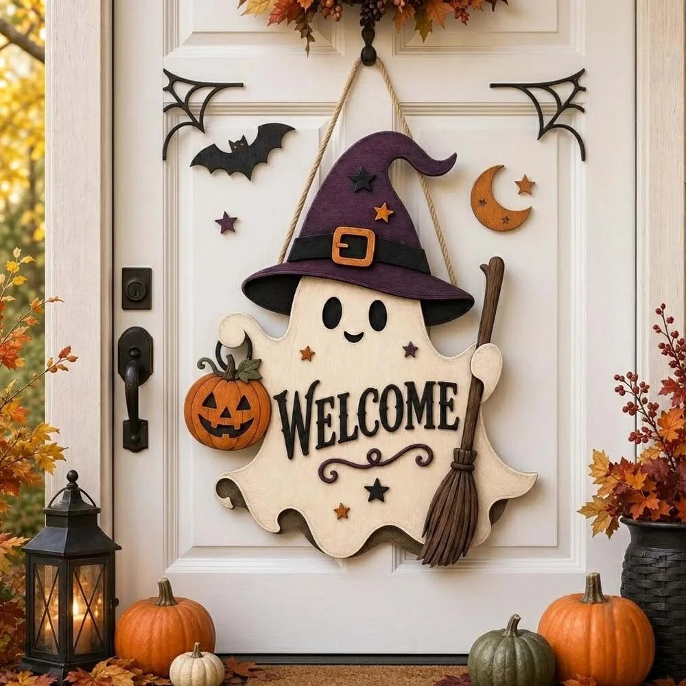 WELCOME Door Hanger Halloween Ghost and Witch Hat Front Door Sign