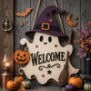 WELCOME Door Hanger Halloween Ghost and Witch Hat Front Door Sign