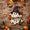 WELCOME Door Hanger Halloween Ghost and Witch Hat Front Door Sign