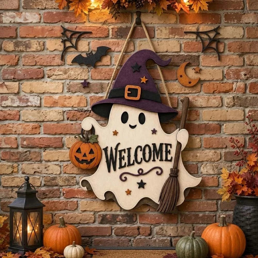 WELCOME Door Hanger Halloween Ghost and Witch Hat Front Door Sign