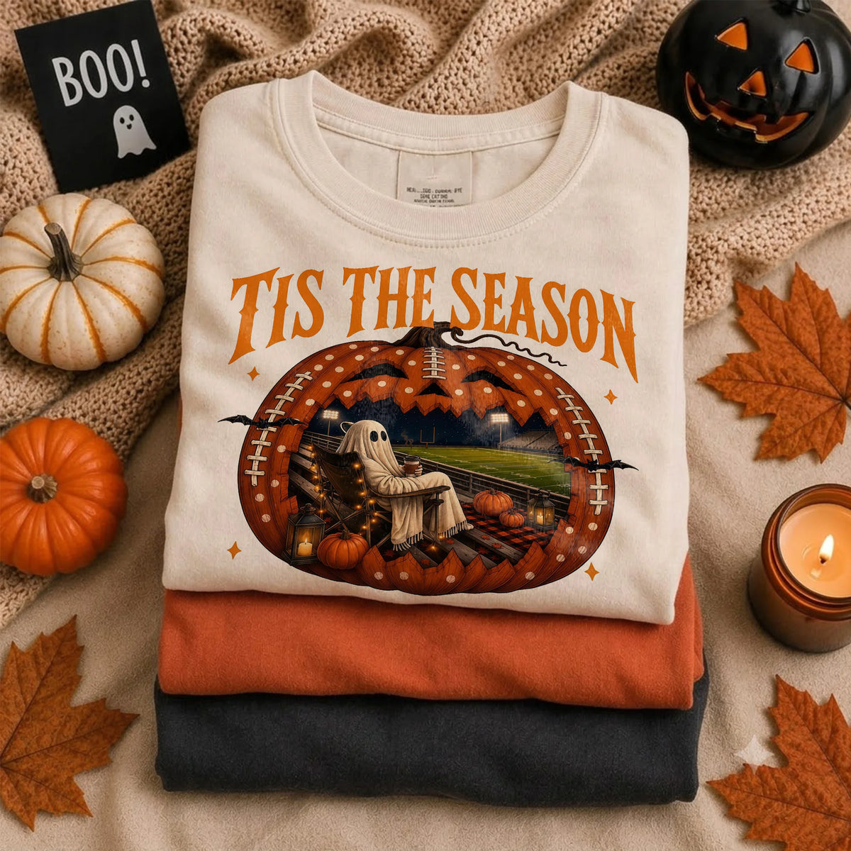Tis The Season Halloween Football Ghost Tee for Fall Game Days