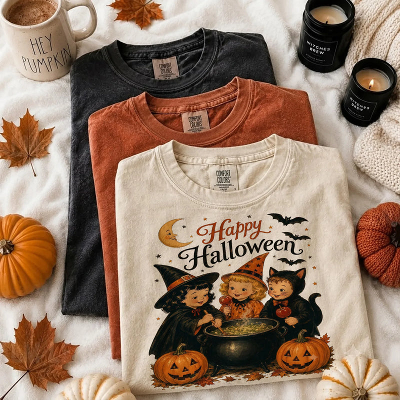 Vintage Retro Halloween Cute Cat Witches Shirt Kids Cauldron Fall Shirt
