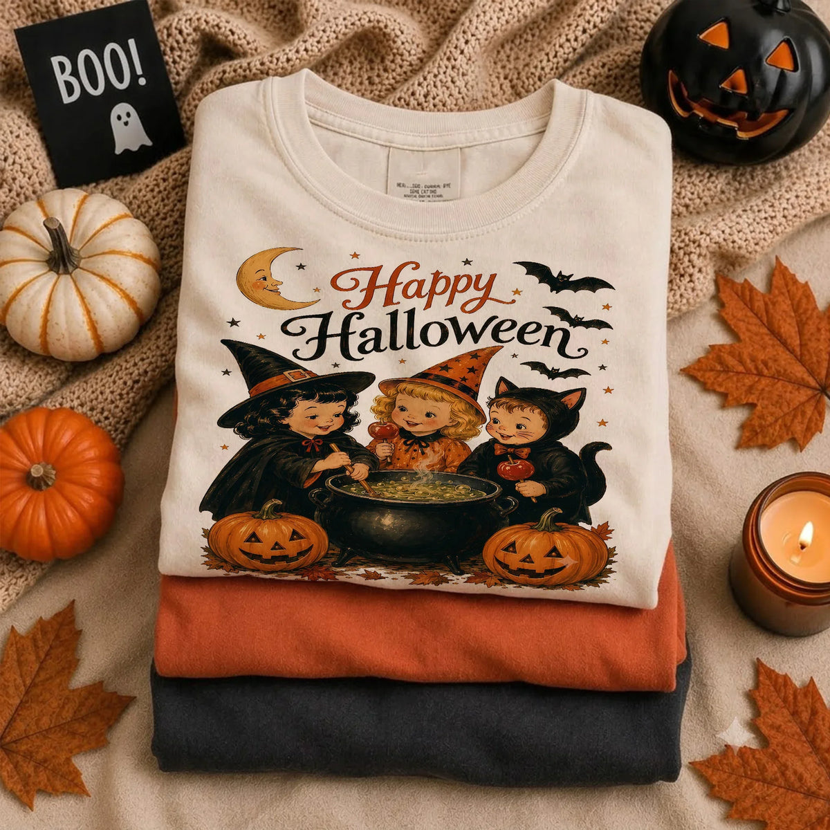 Vintage Retro Halloween Cute Cat Witches Shirt Cauldron Fall Shirt