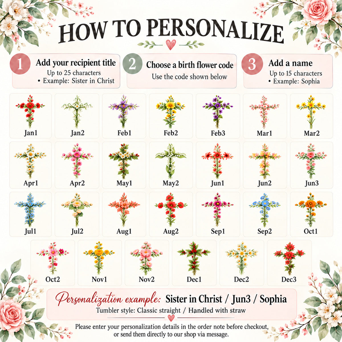 Personalized Sister in Christ Birth Flower Tumbler Custom Title Name - personalization options and ordering guide